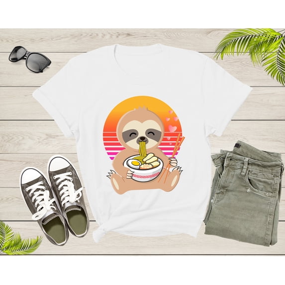 Cute Sloth Mascot Eating Japanese Ramen Noodle Retro Sunset T-Shirt Sloth Lover Gift T Shirt for Men Women Kids Boys Girls Graphic Tshirt