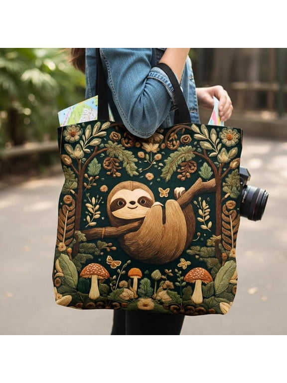 Cute Sloth Nature Forest Whimsical Mushrooms Tote Bag Gift, Cottagecore Sloth Animal Print Shoulder Bag, Floral Shrooms Sloth Carryall Tote