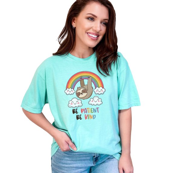 Cute Sloth Be Patient Be Kind T-Shirt, Rainbow Clouds Graphic Tee, Positive Message Clothing, Inspirational Cute Animal Shirt, Fun Gift Idea, Chalky Mint Comfort Colors T-Shirt, 3XL