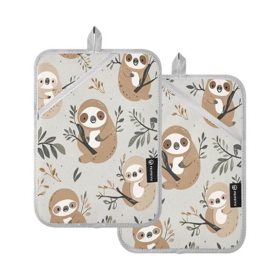 Cute Sloth Pattern with Boho Elements Square Insulation Pads 2 Piece Heat Resistant 338 Degrees F Oven Mitts for Kitchen Table BBQ Microwave and Other Cooking Occasions
