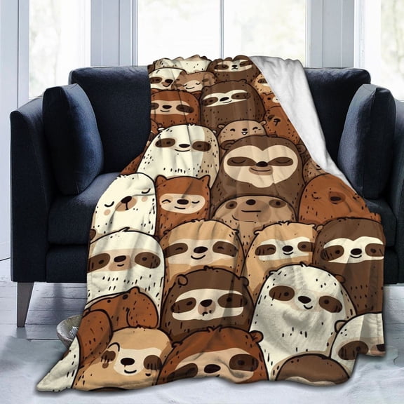 Cute Sloth Pattern Throw Blanket, Doodle Artistic Novelty Soft Flannel Fleece for Sofa Bed, Modern Home Decor and Sloth Lover Gift 50x40