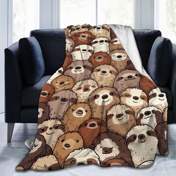 Cute Sloth Pattern Throw Blanket, Doodle Artistic Novelty Soft Flannel Fleece for Sofa Bed, Modern Home Decor and Sloth Lover Gift 50x40