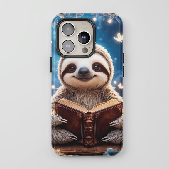 Cute Sloth Reading Book For All iPhone Series Protective Phone Case Whimsical Fantasy Blue