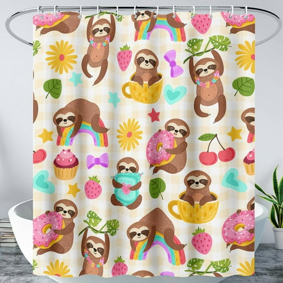 Cute Sloth Shower Curtain, Funny Animal Food Tropic Leaves Kawaii Kids Bath Curtain,Brown Sloth Decorative Curtain with 12 Plastic Hooks,Polyester Waterproof 36" W*72" H