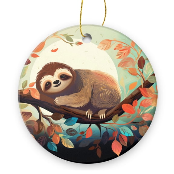 Cute Sloth Sitting on The Branch of Autumn Tree - Christmas Ornament Xmas Keepsake Ceramic Ornaments Holiday Decorations for Tree Christmas Gift Ideas 2.95in
