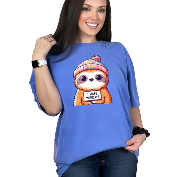 Cute Sloth T-Shirt, I Hate Mondays Shirt, Funny Animal Tee, Adorable Sloth Graphic, Hipster Sloth Design, Perfect Gift for Sloth Lovers, Flo Blue Comfort Colors T-Shirt, Medium