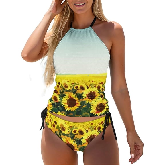 Cute Sloth Tankini Swimsuit 2 Piece Women Tummy Control Halter Swimwear Soft Ruched Bathing Suits with Bikini Briefs