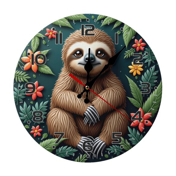 Cute Sloth Wall Clock 10 Inch Silent Non Ticking Round Wooden Clock Decoration for Living Room Kitchen Bedroom Bathroom Office Classroom