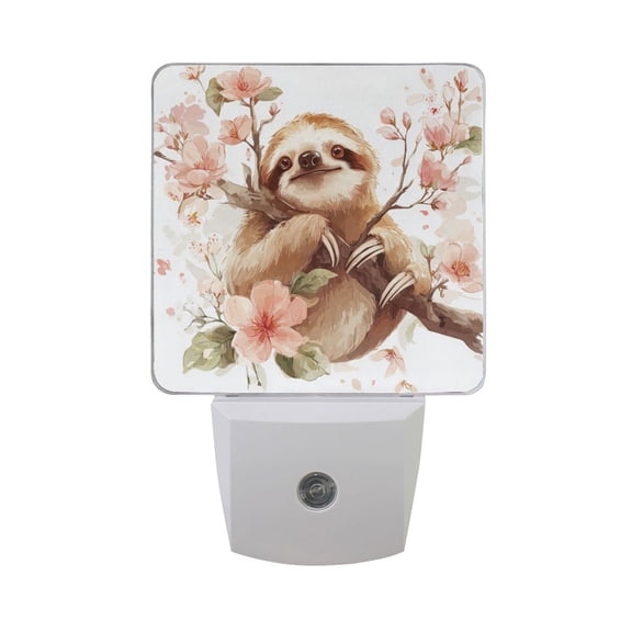 Cute Sloth on Branch Flowers Watercolor LED Night Light Sensor Lamp Plug-in Adjustable Brightness 2 Pack