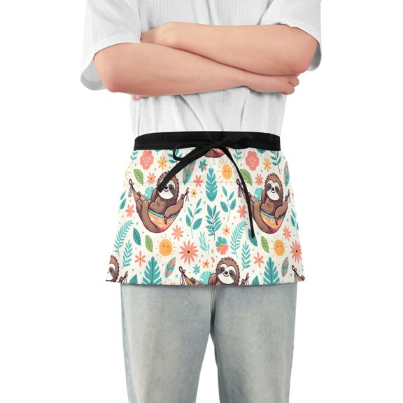 Cute Sloth on Hammock Server Apron with 3 Pockets Waterproof Waitress Waist Short Apron for Man Woman 12 Inches