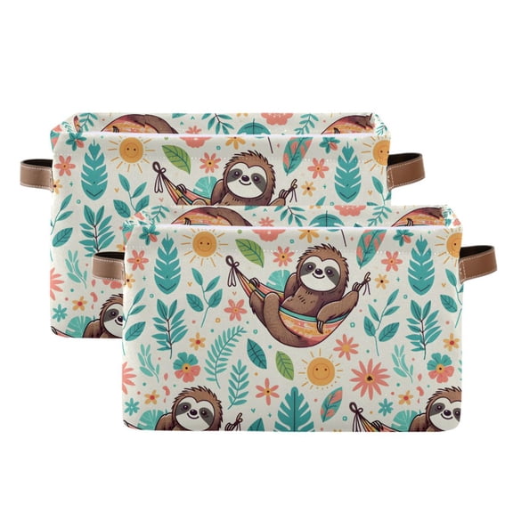 Cute Sloth on Hammock Storage Bins with Handle Fabric Organizer Basket Foldable Box 2 Pack 14.2x10.2x8.3