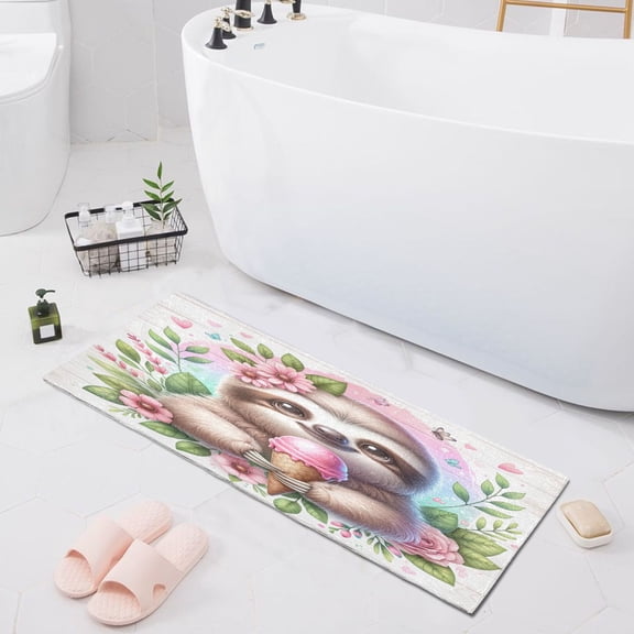 Cute Sloth with Ice Cream Bath Mat 39x20 Non-Slip Bathroom Rugs Absorbent Soft Plush Quick Dry for Tub Shower Kitchen Home Decor