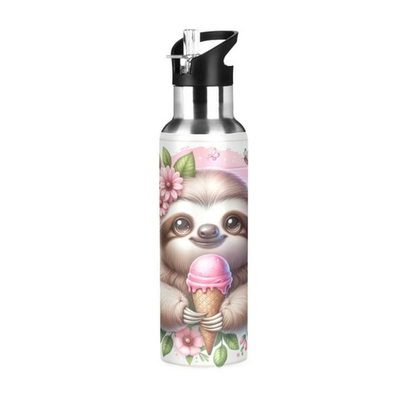 Water Bottles 20oz Straw Lid Wide Mouth Stainless Steel for School Sport Travel Cute Sloth with Ice Cream