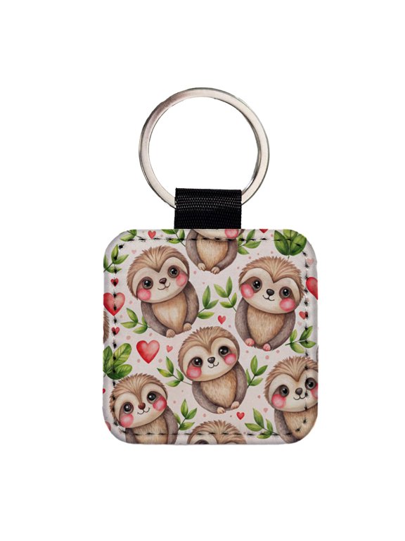 Cute Sloths Hearts Watercolor Faux Leather Square Keychain