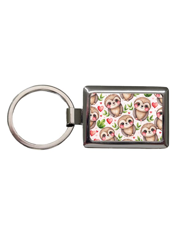 Cute Sloths Hearts Watercolor Metal Rectangle Keychain