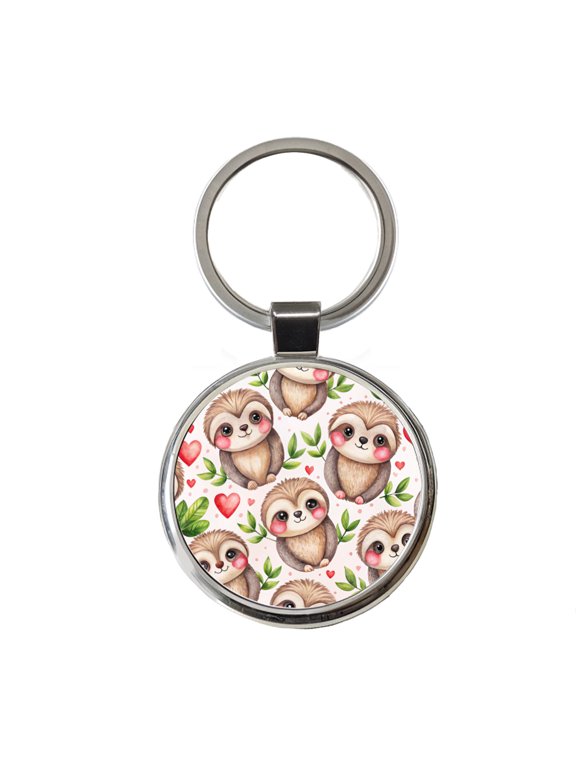 Cute Sloths Hearts Watercolor Metal Round Keychain