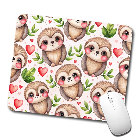 Cute Sloths Hearts Watercolor Mouse Pad Low Profile Gaming Mat