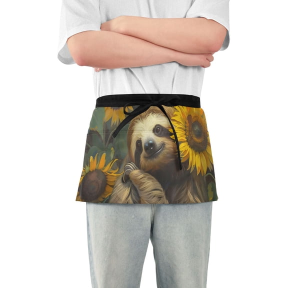 Cute Sloths Sunflowers Short Server Apron with 3 Pockets for Unisex Chef Gardening