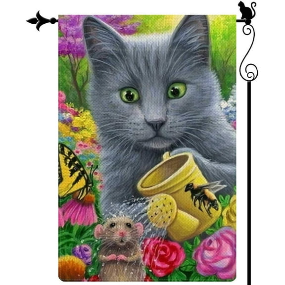 Cute Small Cat Garden Flag Kitty Mouse Floral Small Garden Flag Spring Summer Vertical Double Sided Rustic Farmland Burlap Yard Lawn Outdoor Decor 12.5x18