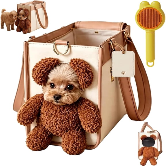 Cute Small Dog Carrier Tote Bag with Bear Headhole,| 2 In 1 Multifunctional Pet Handbag, Large Capacity Pu Pet Out Shoulder Bag with An Exposed Head Bear for Walks