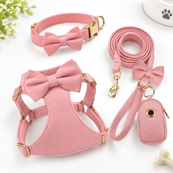 Pink Place Setting Cute Small Dog Harness Collar And Leash Set Pink Xxs Chest 12-14 ...