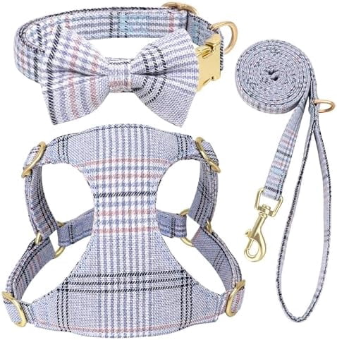 Cute Small Dog Harness Collar and Leash Set with Bowtie, Soft Adjustable Plaid Puppy Harness for Small Sized Dogs Cats Walks Parties and Photoshoots(Blue,S:Chest 17-23")