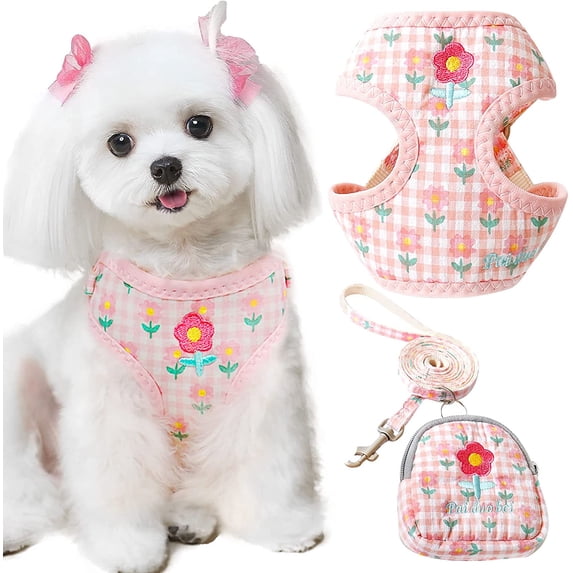 Cute Small Dog Harness and Leash Set with Bag No Pull Puppy Cat Vest Harness Adjustable Soft Breathable Plaid Flower Pet Bunny Harness for Small Dogs Cats Rabbits Shih Tzu Yorkies
