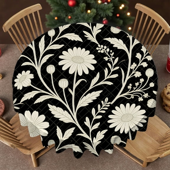 Cute Small Floral Black Cream tablecloths for round tables, Kitchen Accessories - Festive Table Setting tablecloth round, Cafe, dinner, brunch, buffet, picnic