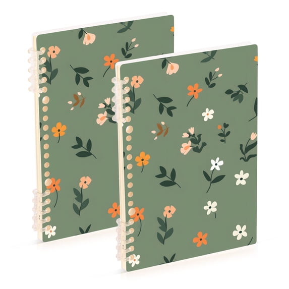Cute Small Flowers and Leaves Notebooks 2 Pcs 1-subject Journal 60 Sheets A5 College Ruled Paper Detachable Ring 8.3"x5.7"