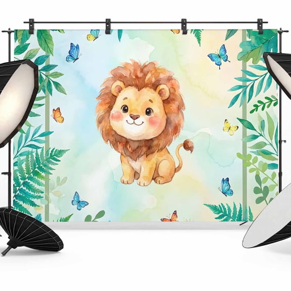 Cute Small Lion Backdrop for Photography, Green Leaf Butterflies Summer Plants Animal Photo Backdrop Portrait Background Party Banner Photo Backgrounds for Studio Booth Props, 7x5ft