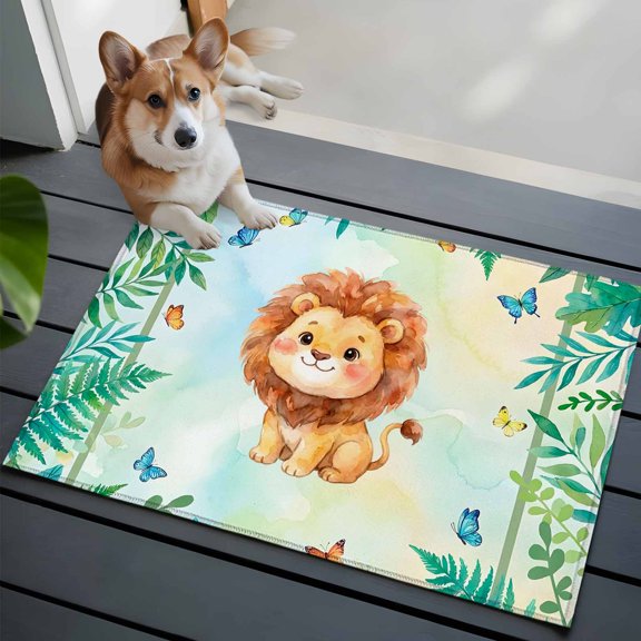 Cute Small Lion Front Door Rugs 2x3 ft Green Leaf Butterflies Summer Plants Animal Small Rug for Entryway Non Slip Washable Bathroom Door Mat Absorbent Floor Mat for Indoor Entrance