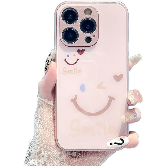 Cute Smile Face Love Heart Tempering Glass Phone Case Compatible with iPhone Case (Pink,iPhone 11 Pro Max)