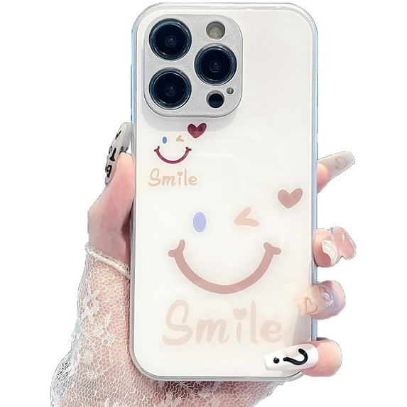 Cute Smile Face Love Heart Tempering Glass Phone Case Compatible with iPhone Case (White,iPhone 15 Pro Max)