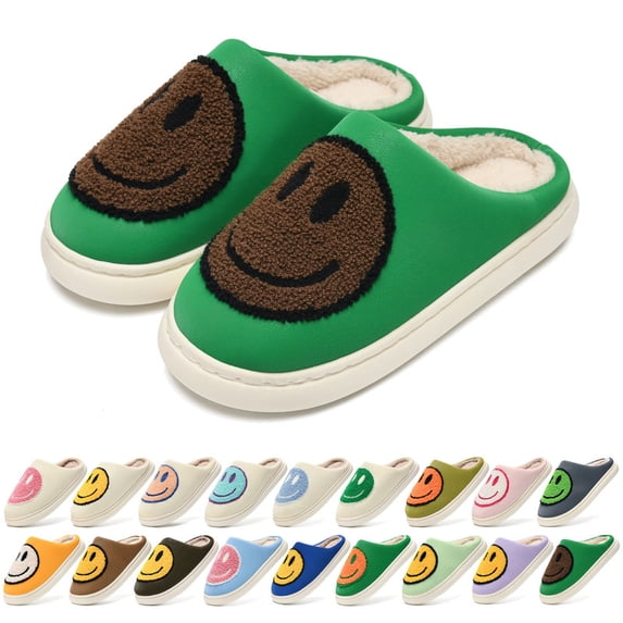 Cute Smile Face Plush House Slippers for Boys Girls, Slip‑On Soft Winter Warm Fuzzy PU Kids Slippers, Non‑Slip Indoor Bedroom Home Shoes