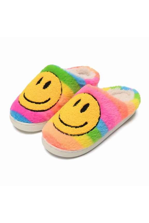 Cute Smile Face Slippers, Retro Soft Plush Furry Fluffy Indoor Outdoor Comfy Warm Fleece Lined Fuzzy Slip-on with Memory Foam Happy Face Slippers Cartoon Non Slip Smile Slippers for Winter