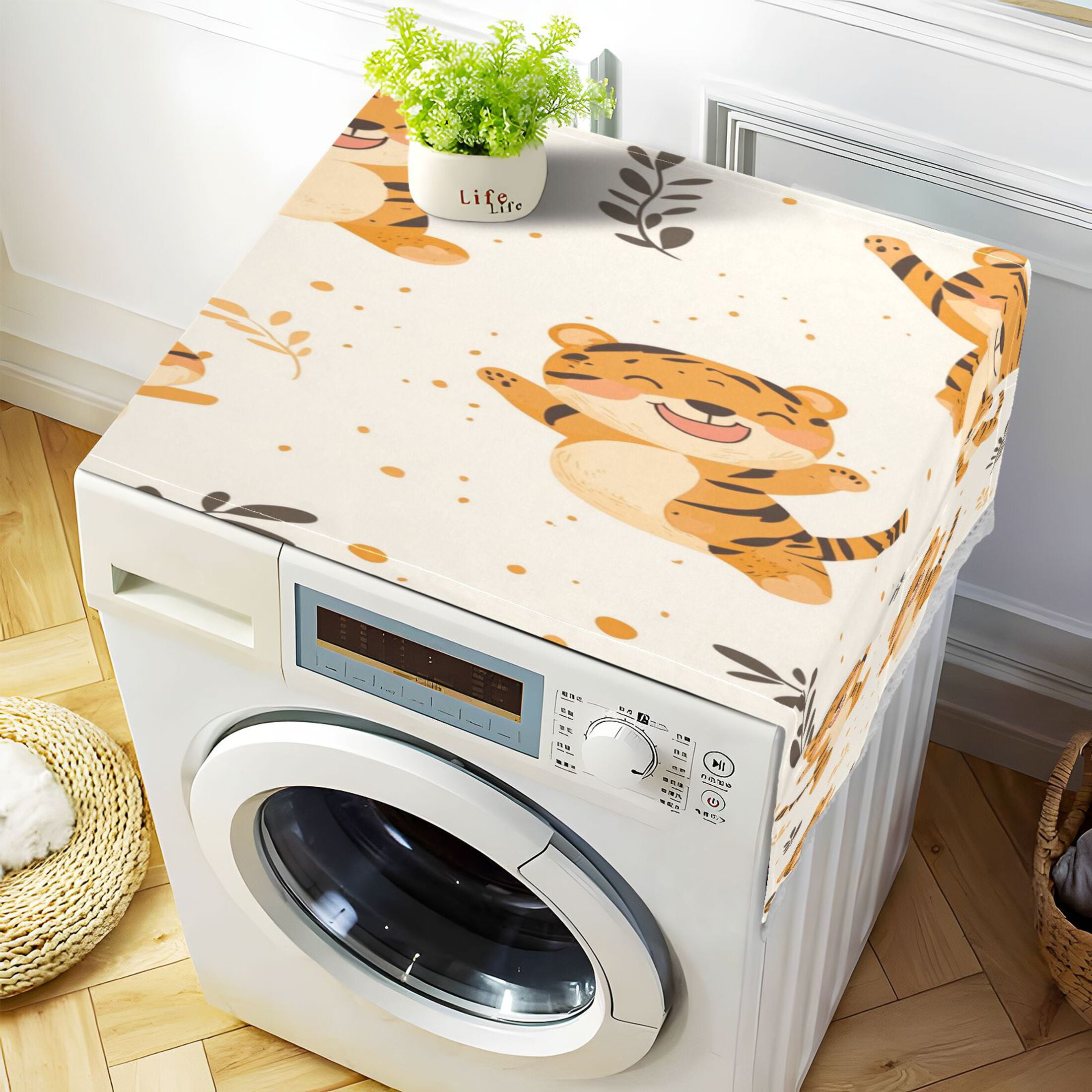 Cute Smile Jumping TigerWasher and Dryer Covers Dust-Proof and Oil Resistant Fridge Cover with 4 Storage Pockets Washing Machine Top Cover for Laundry Kitchen Home 51.2 x 22 In