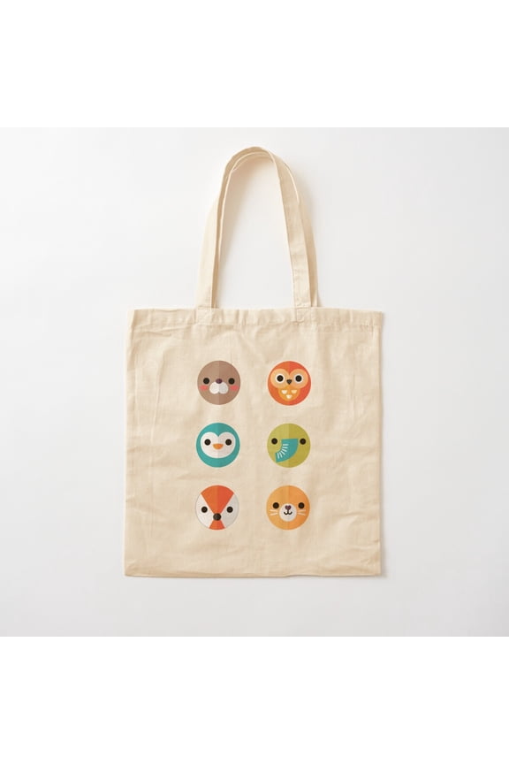Cute Smiley Animal Faces, Set 2 Canvas Tote Bags, Reusable Shopping Bag