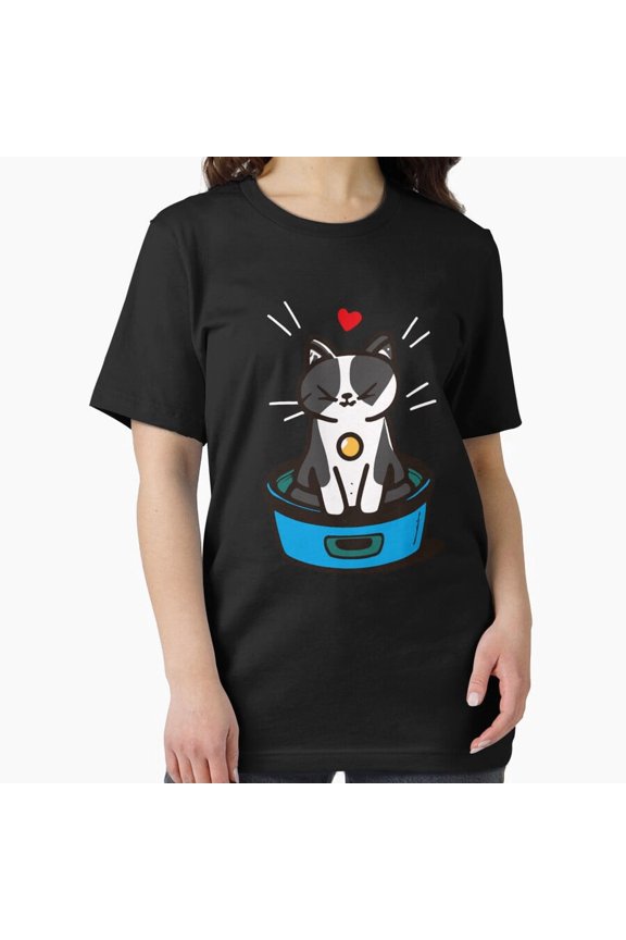 Cute Smiley Black Feline Sitting In Litter Box Humor Design Unisex T-Shirt, up to Size 5XL