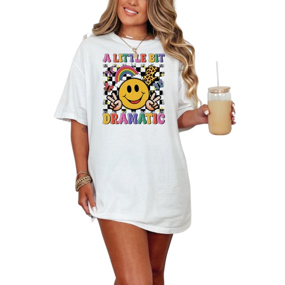 Cute Smiley Face T-Shirt, A Little Bit Dramatic Rainbow Shirt, Fun Graphic Tee, Colorful Retro Design, Perfect Gift for Teens, Unisex Casual, White Comfort Colors T-Shirt, Small
