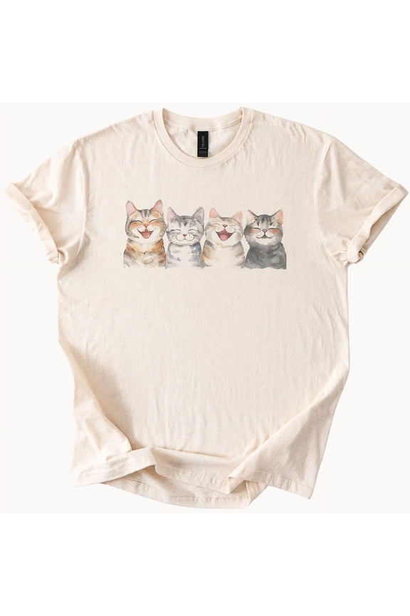Cute Smiling Cats T-Shirt Kittens Graphic Tee Animal Lover Size S-5Xl Heygategoo Tee