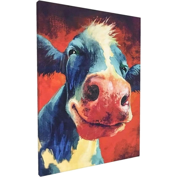 Cute Smiling Cow Painting Pictures Canvas Prints Wall Art Colorful Animal Poster Farmhouse Decor Contemporary Cow Decoration Artwork (14x18inch-Framed)