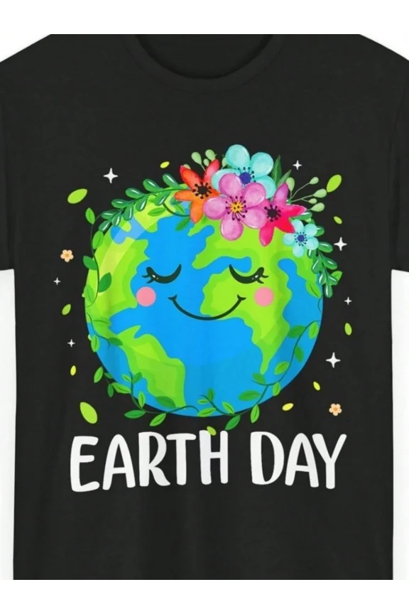 Cute Smiling Earth Day Graphic Tee - Floral Planet Nature Lover Retro Unisex Adult T-Shirt - Eco Friendly Environment Celebration Top