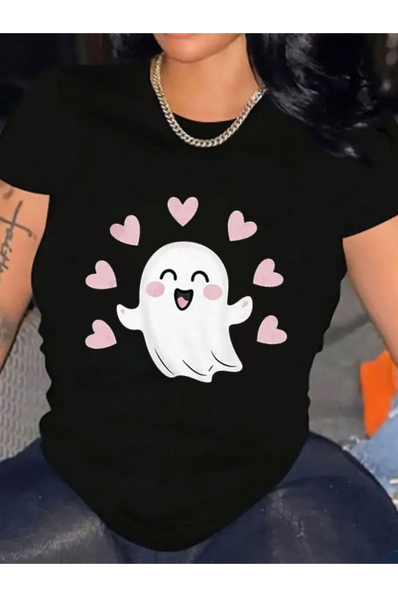 Cute Smiling Ghost Pink Heart Valentine's Day Women Short Sleeve Graphic Tee