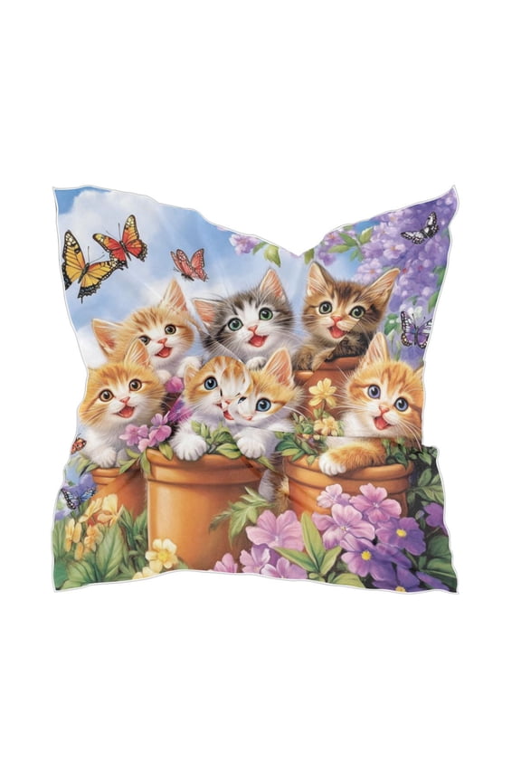 Cute Smiling Kitten Women's Fashion Soft Scarf Square Satin Head Scarf Neck Scarf Head Hair Wraps