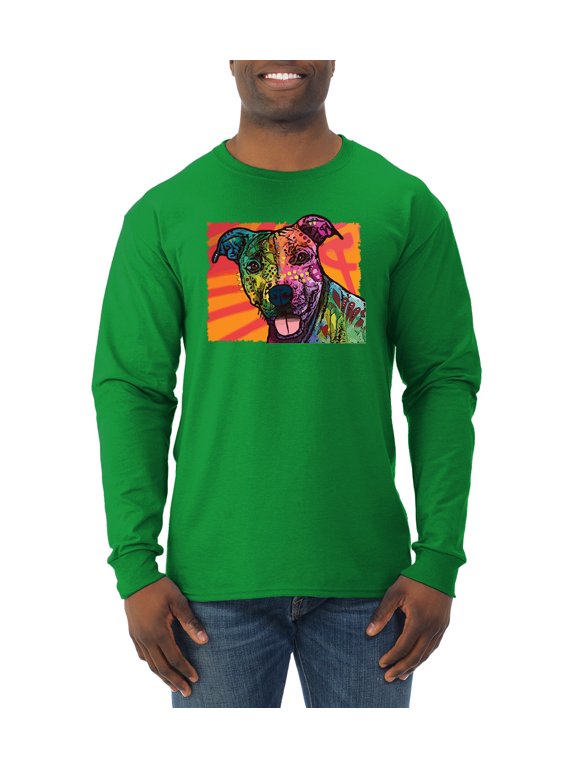 Cute Smiling Neon Pitbull Dog Breed Dog Lover Mens Long Sleeve Shirt, Kelly, Medium