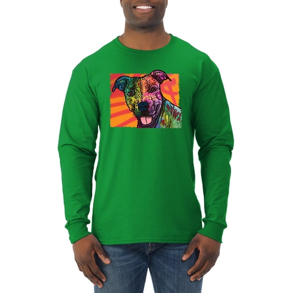 Cute Smiling Neon Pitbull Dog Breed Dog Lover Mens Long Sleeve Shirt, Kelly, X-Large