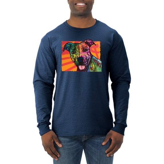 Cute Smiling Neon Pitbull Dog Breed Dog Lover Mens Long Sleeve Shirt, Vintage Heather Navy, X-Large