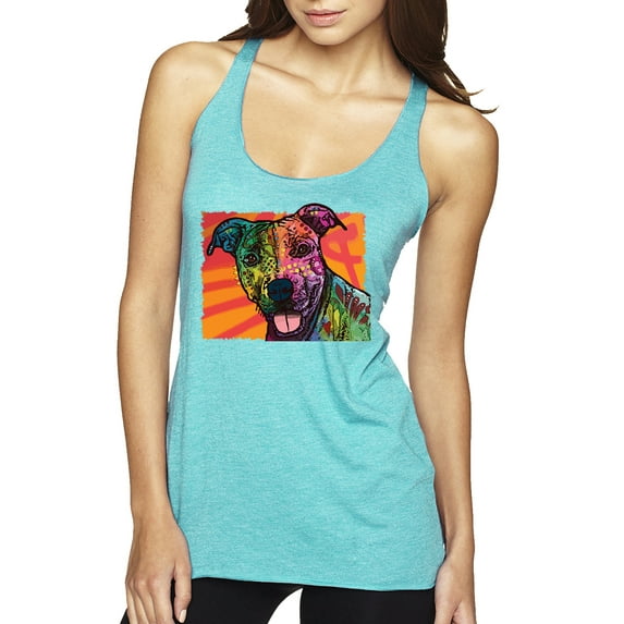 Cute Smiling Neon Pitbull Dog Breed Dog Lover Tri-Blend Racerback Tank Top, Tahiti Blue, Medium