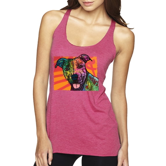 Cute Smiling Neon Pitbull Dog Breed Dog Lover Tri-Blend Racerback Tank Top, Vintage Pink, Large