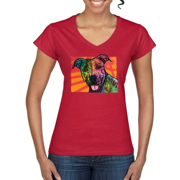Cute Smiling Neon Pitbull Dog Breed Dog Lover Women’s Standard V-Neck Tee, Red, X-Large